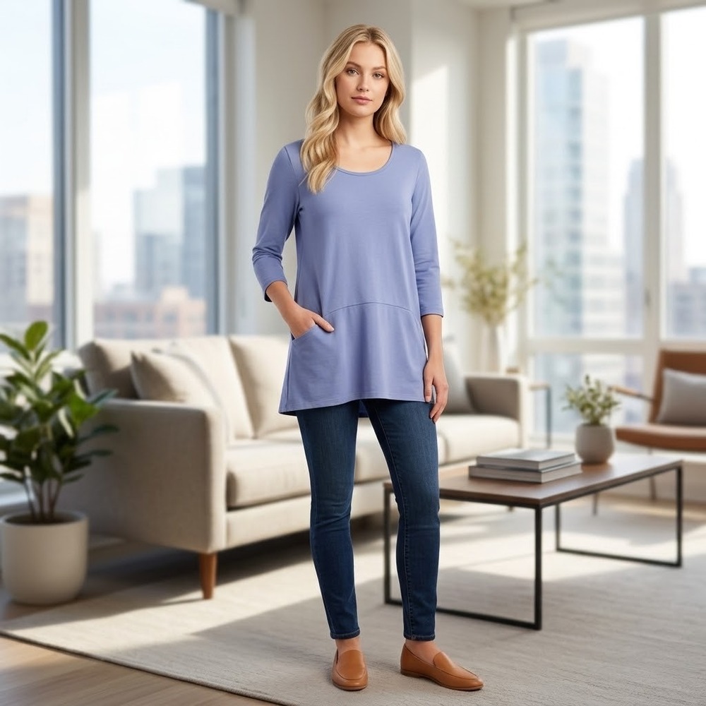 Pure Jill Curved-Seam Tunic Blue 100% Pima Cotton 3/4 Sleeve Pocket Top Medium